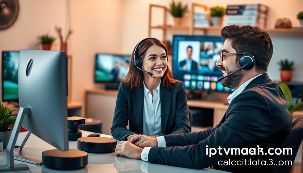 A friendly customer support representative with a headset, dressed in professional business attire, sits at a modern desk adorned with a sleek computer displaying an IPTV interface. The foreground features the representative engaging with a satisfied customer on a video call, conveying empathy and attentiveness. In the middle ground, blurred images of IPTV-related devices such as a smart TV and streaming gadgets are subtly integrated, illustrating the technology involved. The background showcases a cozy office environment with warm lighting, featuring potted plants and shelves stacked with tech manuals, creating a welcoming atmosphere. The overall mood is positive and relaxed, reflecting effective customer support experiences. Include branding elements subtly hinting at iptvmaxcanada.com without overwhelming the scene. A friendly customer support representative with a headset, dressed in professional business attire, sits at a modern desk adorned with a sleek computer displaying an IPTV interface. The foreground features the representative engaging with a satisfied customer on a video call, conveying empathy and attentiveness. In the middle ground, blurred images of IPTV-related devices such as a smart TV and streaming gadgets are subtly integrated, illustrating the technology involved. The background showcases a cozy office environment with warm lighting, featuring potted plants and shelves stacked with tech manuals, creating a welcoming atmosphere. The overall mood is positive and relaxed, reflecting effective customer support experiences. Include branding elements subtly hinting at iptvmaxcanada.com without overwhelming the scene.