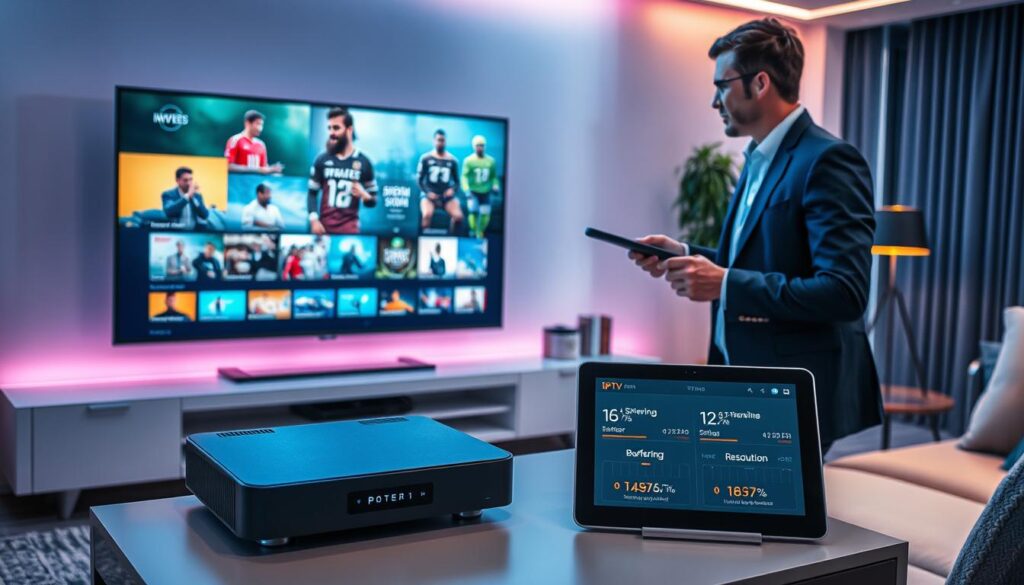 A futuristic living room setting showcasing the concept of "Streaming Quality and Performance in IPTV Trends." In the foreground, a sleek modern television displays a vibrant, glitch-free image of diverse streaming content: movies, shows, and sports events. A professional individual in smart casual attire observes the screen, holding a remote control, with an engaging expression. In the middle, a high-tech streaming device sits on a stylish media console, accompanied by a sleek tablet showcasing performance metrics, like buffering statistics and resolution metrics. The background features soft ambient lighting with hints of futuristic decor, emphasizing comfort and innovation. The atmosphere conveys excitement about advancements in IPTV technology. Ensure the brand "iptvmaxcanada.com" is subtly integrated into the scene, perhaps on the tablet's screen or the TV interface, without any text overlay. A futuristic living room setting showcasing the concept of "Streaming Quality and Performance in IPTV Trends." In the foreground, a sleek modern television displays a vibrant, glitch-free image of diverse streaming content: movies, shows, and sports events. A professional individual in smart casual attire observes the screen, holding a remote control, with an engaging expression. In the middle, a high-tech streaming device sits on a stylish media console, accompanied by a sleek tablet showcasing performance metrics, like buffering statistics and resolution metrics. The background features soft ambient lighting with hints of futuristic decor, emphasizing comfort and innovation. The atmosphere conveys excitement about advancements in IPTV technology. Ensure the brand "iptvmaxcanada.com" is subtly integrated into the scene, perhaps on the tablet's screen or the TV interface, without any text overlay.