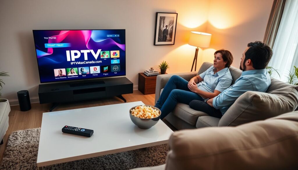 A high-angle view of a modern living room featuring a large flat-screen TV displaying a vibrant IPTV interface, emphasizing IPTVMaxCanada.com. The foreground includes a sleek coffee table with a remote control and a bowl of popcorn, suggesting a cozy streaming experience. In the middle, a couple – dressed in casual but professional attire – sits comfortably on a stylish sofa, engaged in watching content, showcasing trust and enjoyment. The background has soft, warm lighting from a floor lamp, creating an inviting atmosphere. The room is tastefully decorated with wall art and plants, reflecting a contemporary Canadian home. The overall mood conveys comfort, reliability, and enjoyment of IPTV streaming services. A high-angle view of a modern living room featuring a large flat-screen TV displaying a vibrant IPTV interface, emphasizing IPTVMaxCanada.com. The foreground includes a sleek coffee table with a remote control and a bowl of popcorn, suggesting a cozy streaming experience. In the middle, a couple – dressed in casual but professional attire – sits comfortably on a stylish sofa, engaged in watching content, showcasing trust and enjoyment. The background has soft, warm lighting from a floor lamp, creating an inviting atmosphere. The room is tastefully decorated with wall art and plants, reflecting a contemporary Canadian home. The overall mood conveys comfort, reliability, and enjoyment of IPTV streaming services.