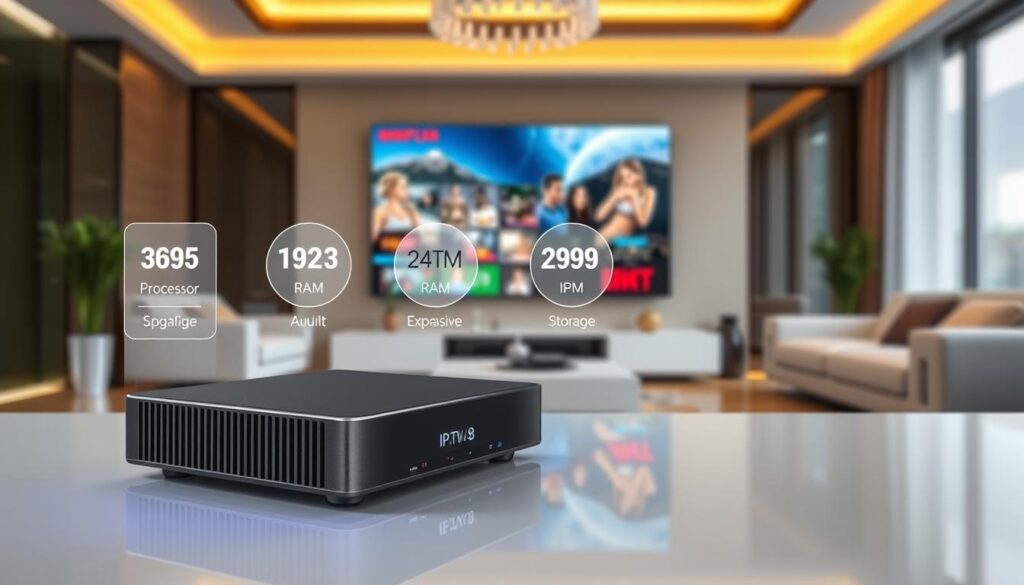 A high-tech IPTV device highlighting the importance of hardware components like a powerful processor, ample RAM, and expansive storage. In the foreground, a sleek, modern IPTV box prominently displays its design with glowing LED indicators. In the middle ground, floating specs illustrate the processor speed, RAM capacity, and storage size with a digital infographic aesthetic. The background shows a stylish living room setting with a large TV screen displaying vibrant imagery from various streaming services, emphasizing the seamless integration of technology in home entertainment. The lighting is bright and inviting, giving a futuristic ambiance. The scene captures a sense of efficiency and modernity, aligned with the brand iptvmaxcanada.com. The angle is slightly tilted to add dynamism, with a shallow depth of field to give focus to the IPTV device while the living room subtly blurs into the background. A high-tech IPTV device highlighting the importance of hardware components like a powerful processor, ample RAM, and expansive storage. In the foreground, a sleek, modern IPTV box prominently displays its design with glowing LED indicators. In the middle ground, floating specs illustrate the processor speed, RAM capacity, and storage size with a digital infographic aesthetic. The background shows a stylish living room setting with a large TV screen displaying vibrant imagery from various streaming services, emphasizing the seamless integration of technology in home entertainment. The lighting is bright and inviting, giving a futuristic ambiance. The scene captures a sense of efficiency and modernity, aligned with the brand iptvmaxcanada.com. The angle is slightly tilted to add dynamism, with a shallow depth of field to give focus to the IPTV device while the living room subtly blurs into the background.