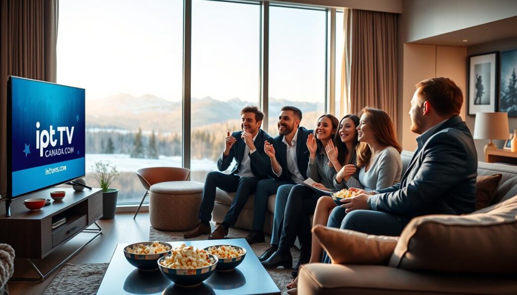 A modern Canadian living room with a sleek television displaying the logo of "iptvmaxcanada.com". In the foreground, a diverse group of four friends, dressed in smart casual attire, enthusiastically watching IPTV content, with bowls of popcorn beside them, conveying excitement and engagement. The middle ground showcases stylish furniture and decorations that reflect a contemporary Canadian lifestyle, including a coffee table and a cozy couch. The background features a large window with a view of a classic Canadian landscape, hinting at snowy mountains under a bright blue sky. Soft, warm lighting casts an inviting atmosphere, enhancing the sense of community and enjoyment. The scene captures the essence of what Canadians seek from their IPTV providers: quality, entertainment, and connection. A modern Canadian living room with a sleek television displaying the logo of "iptvmaxcanada.com". In the foreground, a diverse group of four friends, dressed in smart casual attire, enthusiastically watching IPTV content, with bowls of popcorn beside them, conveying excitement and engagement. The middle ground showcases stylish furniture and decorations that reflect a contemporary Canadian lifestyle, including a coffee table and a cozy couch. The background features a large window with a view of a classic Canadian landscape, hinting at snowy mountains under a bright blue sky. Soft, warm lighting casts an inviting atmosphere, enhancing the sense of community and enjoyment. The scene captures the essence of what Canadians seek from their IPTV providers: quality, entertainment, and connection.