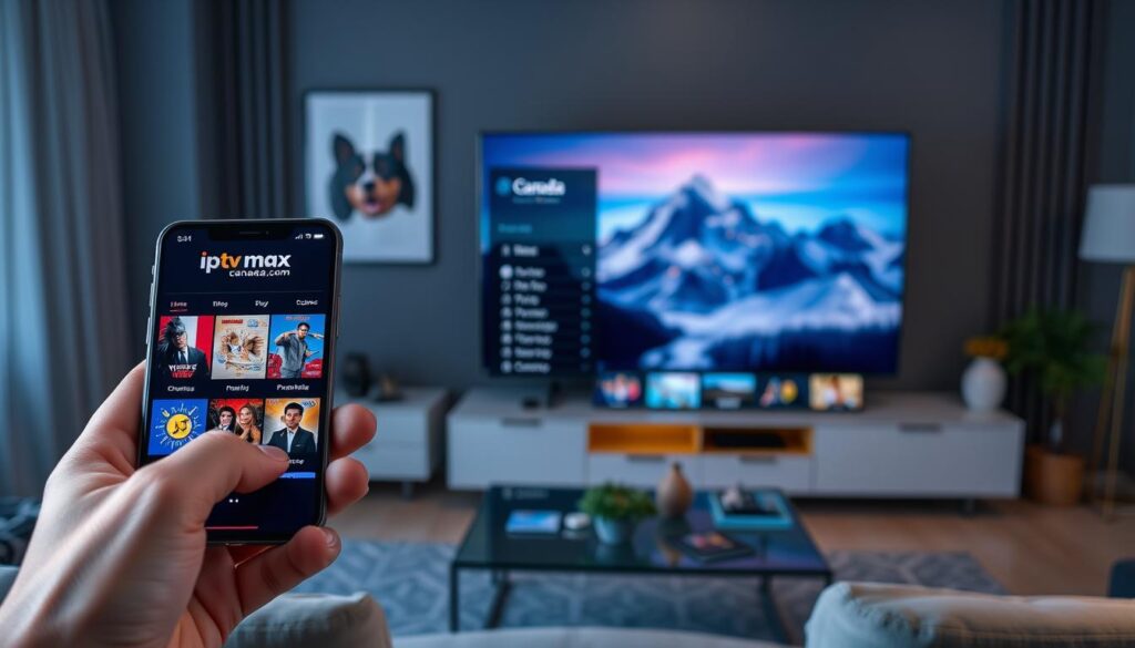 A modern IPTV app interface displayed on various screens, including a smartphone, tablet, and smart TV, all featuring the logo "iptvmaxcanada.com". The foreground shows a close-up of a hand selecting options on the phone screen with vibrant graphics of TV shows and movies. In the middle ground, the tablet showcases a list of popular channels, and the smart TV presents a stunning image of a Canadian landscape as a backdrop. The background is a stylish living room setting with contemporary decor, soft lighting illuminating the screens, creating a cozy and inviting atmosphere. The mood is dynamic and engaging, with shades of blue and green dominating the color palette, reflecting a modern digital experience suitable for Canadians in 2026. A modern IPTV app interface displayed on various screens, including a smartphone, tablet, and smart TV, all featuring the logo "iptvmaxcanada.com". The foreground shows a close-up of a hand selecting options on the phone screen with vibrant graphics of TV shows and movies. In the middle ground, the tablet showcases a list of popular channels, and the smart TV presents a stunning image of a Canadian landscape as a backdrop. The background is a stylish living room setting with contemporary decor, soft lighting illuminating the screens, creating a cozy and inviting atmosphere. The mood is dynamic and engaging, with shades of blue and green dominating the color palette, reflecting a modern digital experience suitable for Canadians in 2026.