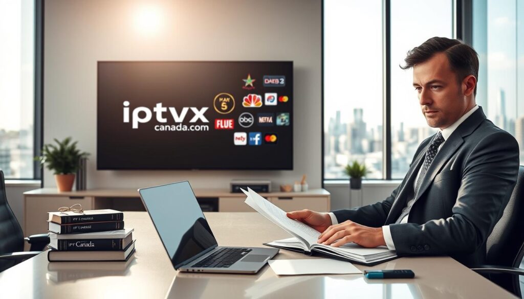 A modern and professional office environment showcasing the concept of IPTV legality in Canada. In the foreground, a confident lawyer in a professional attire examines legal documents on a sleek desk, surrounded by law books and a laptop displaying the website "iptvmaxcanada.com". In the middle, a large wall-mounted screen shows streaming icons and various media symbols representing IPTV content. The background features windows with a view of a Canadian city skyline, bright natural light streaming in to create a hopeful atmosphere. The overall mood is serious yet optimistic, highlighting the importance of understanding IPTV's legal framework in Canada. The image should have a soft focus and warm lighting, conveying professionalism and clarity. A modern and professional office environment showcasing the concept of IPTV legality in Canada. In the foreground, a confident lawyer in a professional attire examines legal documents on a sleek desk, surrounded by law books and a laptop displaying the website "iptvmaxcanada.com". In the middle, a large wall-mounted screen shows streaming icons and various media symbols representing IPTV content. The background features windows with a view of a Canadian city skyline, bright natural light streaming in to create a hopeful atmosphere. The overall mood is serious yet optimistic, highlighting the importance of understanding IPTV's legal framework in Canada. The image should have a soft focus and warm lighting, conveying professionalism and clarity.