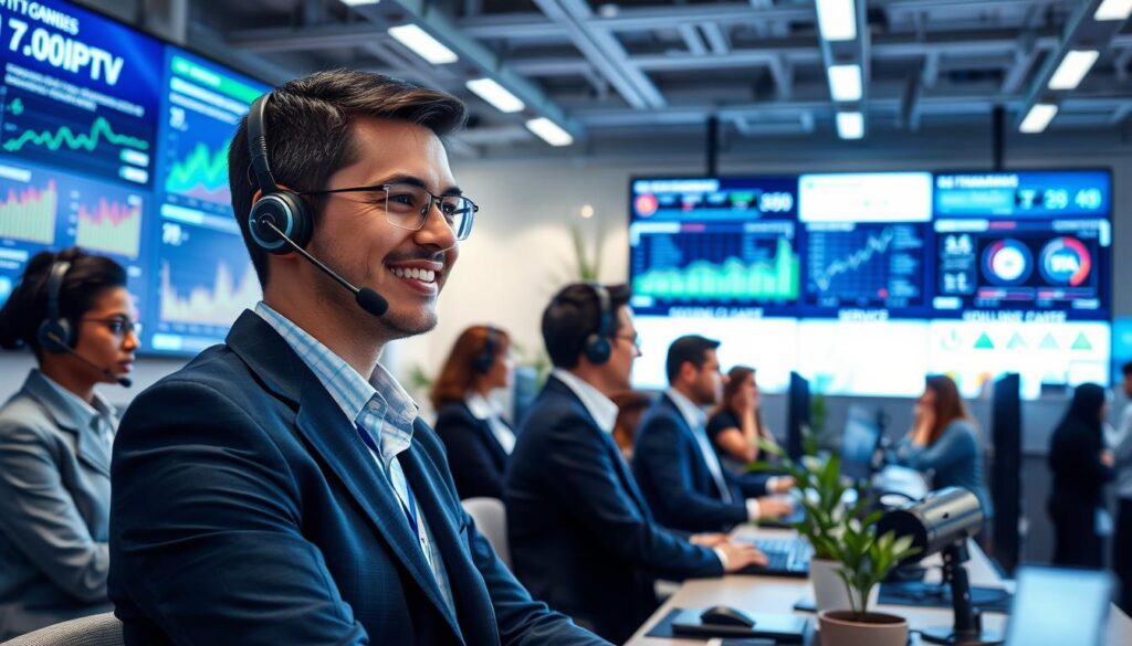 A modern customer support center for IPTV services, showcasing a team of diverse professionals in business attire actively assisting clients. In the foreground, a focused customer support agent is communicating through a headset, displaying a friendly demeanor. The middle ground features large screens displaying IPTV trends, charts, and service reliability metrics. The background shows an open, high-tech office with bright lighting and plants for a welcoming atmosphere. The color scheme should emphasize blues and greens for a tech-savvy vibe. Capture the scene with a wide-angle lens to include details of the workspace, and ensure the lighting is bright and even to reflect a busy yet organized environment. Include the brand logo "iptvmaxcanada.com" subtly integrated into the design. A modern customer support center for IPTV services, showcasing a team of diverse professionals in business attire actively assisting clients. In the foreground, a focused customer support agent is communicating through a headset, displaying a friendly demeanor. The middle ground features large screens displaying IPTV trends, charts, and service reliability metrics. The background shows an open, high-tech office with bright lighting and plants for a welcoming atmosphere. The color scheme should emphasize blues and greens for a tech-savvy vibe. Capture the scene with a wide-angle lens to include details of the workspace, and ensure the lighting is bright and even to reflect a busy yet organized environment. Include the brand logo "iptvmaxcanada.com" subtly integrated into the design.