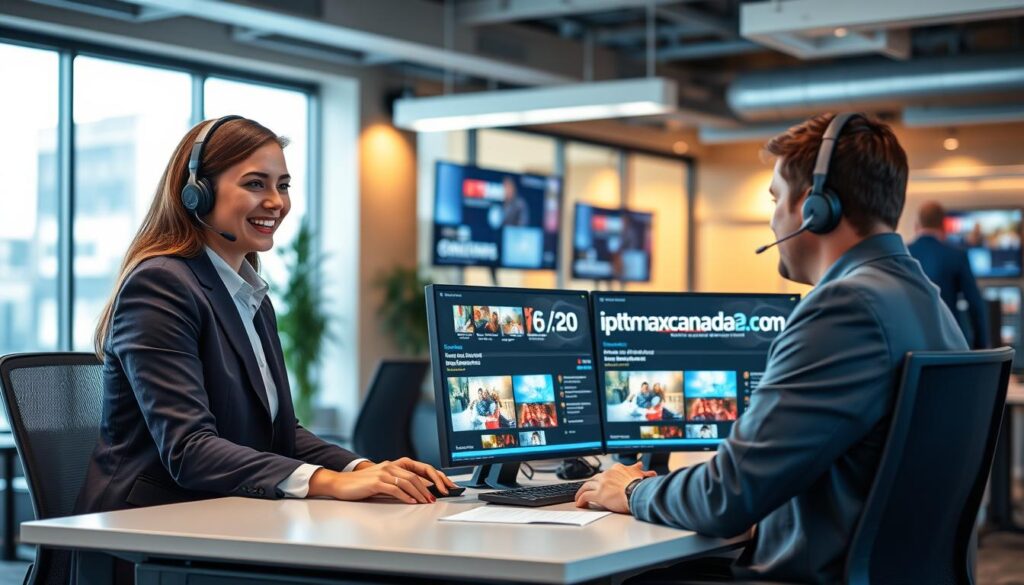A modern customer support center for a Canadian IPTV provider, featuring a friendly and professional support agent in a headset, dressed in business casual attire. The agent is attentively assisting a customer over a sleek, contemporary desk with multiple monitors displaying IPTV interface graphics. In the background, a vibrant, well-organized office space highlights team collaboration, with screens showcasing various streaming options and service reliability metrics. Soft, warm lighting creates an inviting atmosphere, while a hint of natural daylight filters through large windows. The image subtly incorporates the brand name "iptvmaxcanada.com" on one of the monitors, emphasizing a trustworthy service. The overall mood is professional yet approachable, capturing the essence of reliable customer support in the IPTV industry.