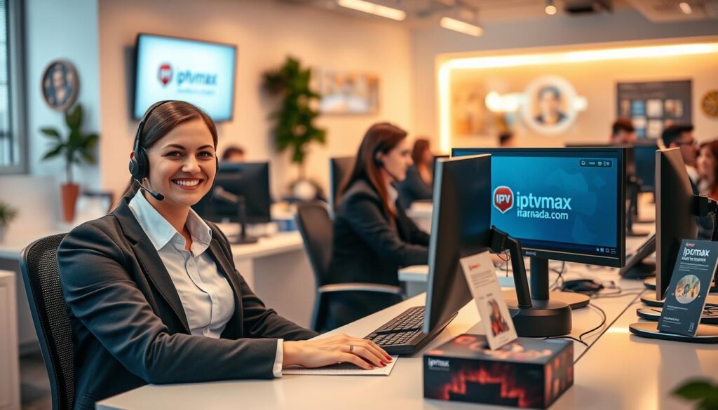 A modern customer support scene for IPTV services. In the foreground, a friendly customer support agent, dressed in professional business attire, sits at a sleek desk with dual monitors displaying IPTV service interfaces. The middle ground features a vibrant call center with colleagues engaged in telephone conversations, all focused and supportive. The background shows a cozy office environment with soft, warm lighting that highlights a welcoming atmosphere. Subtle elements like a logo of "iptvmaxcanada.com" on a screen and promotional IPTV brochures are present. The mood is attentive and helpful, emphasizing service quality. Capture this scene with a slight depth of field, using a standard lens that conveys clarity and professionalism. A modern customer support scene for IPTV services. In the foreground, a friendly customer support agent, dressed in professional business attire, sits at a sleek desk with dual monitors displaying IPTV service interfaces. The middle ground features a vibrant call center with colleagues engaged in telephone conversations, all focused and supportive. The background shows a cozy office environment with soft, warm lighting that highlights a welcoming atmosphere. Subtle elements like a logo of "iptvmaxcanada.com" on a screen and promotional IPTV brochures are present. The mood is attentive and helpful, emphasizing service quality. Capture this scene with a slight depth of field, using a standard lens that conveys clarity and professionalism.