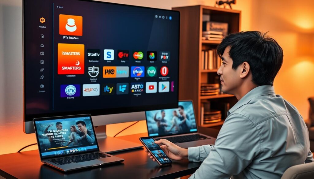 A modern digital workspace featuring a sleek computer screen displaying various IPTV player apps, prominently showcasing "IPTV Smarters" among other popular streaming applications. In the foreground, a user with short black hair in a smart casual shirt is engaged with the software, with a look of concentration on their face. The middle ground includes a stylish desk with a laptop and a smartphone resting beside the computer, both displaying IPTV-related content. In the background, warm, ambient lighting enhances a cozy room aesthetic, with a bookshelf filled with tech gadgets and streaming devices. The scene conveys a sense of effortless streaming enjoyment in Canada, showcasing a blend of technology and everyday life. Include the branding "iptvmaxcanada.com" subtly integrated in the design elements.