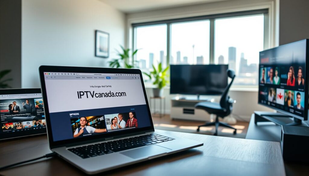 A modern digital workspace showcasing IPTV services. In the foreground, a sleek laptop displays the IPTVmaxCanada.com website, emphasizing user-friendly navigation. To the left, a stylish tablet streams popular Canadian shows, while to the right, a smart TV showcases an impressive selection of channels. The middle layer features a cozy, well-lit home office with green plants and a comfortable ergonomic chair, suggesting a relaxed yet professional atmosphere. Soft, natural lighting illuminates the scene, creating a warm and inviting mood. In the background, a window reveals a clear view of a Canadian skyline, symbolizing modern technology meeting local culture. The angle is slightly elevated, providing a comprehensive view of the workspace. A modern digital workspace showcasing IPTV services. In the foreground, a sleek laptop displays the IPTVmaxCanada.com website, emphasizing user-friendly navigation. To the left, a stylish tablet streams popular Canadian shows, while to the right, a smart TV showcases an impressive selection of channels. The middle layer features a cozy, well-lit home office with green plants and a comfortable ergonomic chair, suggesting a relaxed yet professional atmosphere. Soft, natural lighting illuminates the scene, creating a warm and inviting mood. In the background, a window reveals a clear view of a Canadian skyline, symbolizing modern technology meeting local culture. The angle is slightly elevated, providing a comprehensive view of the workspace.