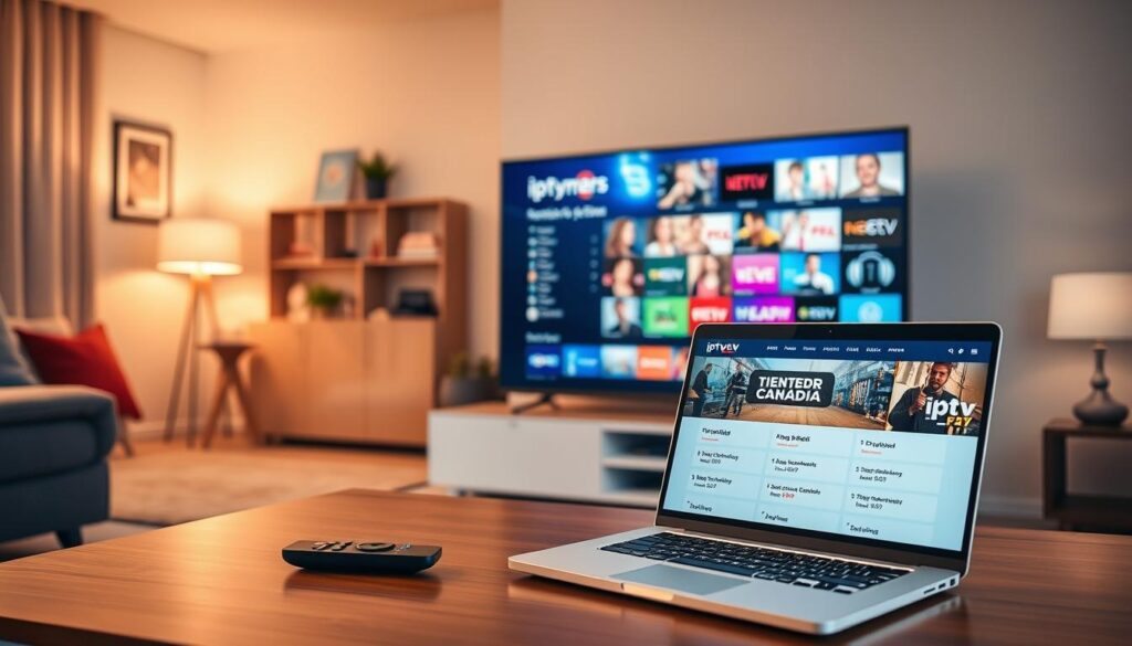 A modern home entertainment setup showcasing the concept of IPTV streaming services in Canada, centered around the brand "iptvmaxcanada.com." In the foreground, a sleek flat-screen TV displays vibrant visuals of a diverse selection of channels and programs. The middle layer features a stylish coffee table with a remote control and a laptop open to the iptvmaxcanada.com website, highlighting subscription plans and pricing options. In the background, a cozy living room with warm lighting, a plush sofa, and colorful decor enhances the inviting atmosphere. The scene captures a relaxed and engaging vibe, ideal for home entertainment, shot with soft, diffused lighting to create a welcoming mood.