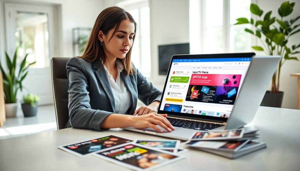 A modern home office scene featuring a young professional woman in business casual attire, seated at a sleek desk while evaluating different IPTV plans on her laptop. In the foreground, display an open laptop screen showing a colorful, user-friendly IPTV comparison website interface, highlighting various plans and features from "iptvmaxcanada.com". In the middle, organize a few printed flyers or brochures about IPTV services scattered around the desk. The background should depict a bright, airy room with natural light streaming in from a large window, potted plants, and minimalistic decor. Capture a focused and determined expression on the woman's face, conveying the serious decision-making process of choosing her ideal IPTV plan, all in a warm and inviting atmosphere. A modern home office scene featuring a young professional woman in business casual attire, seated at a sleek desk while evaluating different IPTV plans on her laptop. In the foreground, display an open laptop screen showing a colorful, user-friendly IPTV comparison website interface, highlighting various plans and features from "iptvmaxcanada.com". In the middle, organize a few printed flyers or brochures about IPTV services scattered around the desk. The background should depict a bright, airy room with natural light streaming in from a large window, potted plants, and minimalistic decor. Capture a focused and determined expression on the woman's face, conveying the serious decision-making process of choosing her ideal IPTV plan, all in a warm and inviting atmosphere.