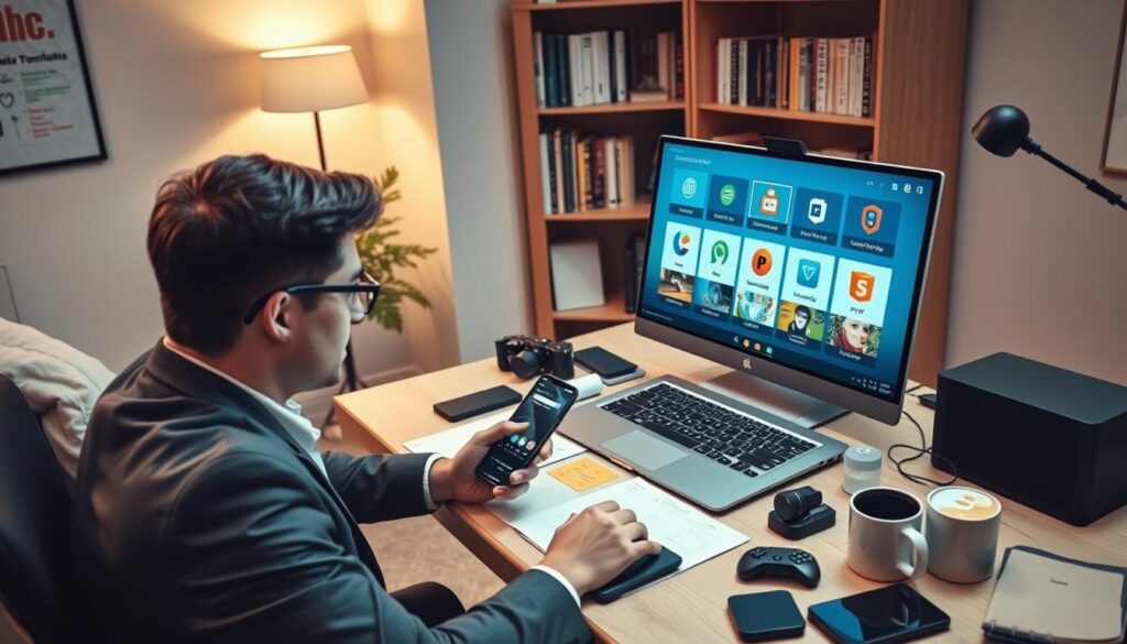 A modern home office setting, featuring a person troubleshooting IPTV apps on a sleek laptop. In the foreground, a focused individual, dressed in professional business attire, sits at a stylish desk cluttered with tech gadgets, notes, and a smartphone displaying an IPTV app interface. The middle ground emphasizes the laptop screen, showcasing various troubleshooting tips, icons, and user-friendly designs of popular IPTV apps. The background contains a cozy bookshelf filled with technology books and a soft-lit wall, contributing to a warm, productive atmosphere. The lighting is bright and inviting, mimicking natural daylight, and the camera angle is a slight overhead shot, capturing both the workspace and the intricate details of the troubleshooting process. Include subtle branding elements of "iptvmaxcanada.com" integrated into the workspace decor, like a mug or a poster.