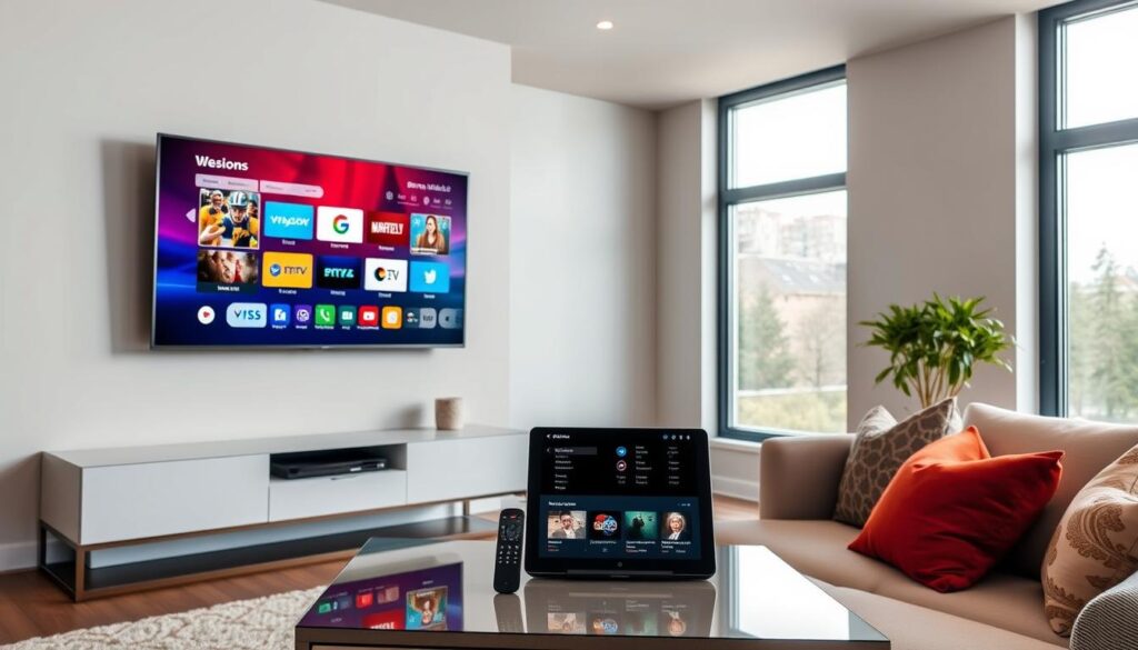 A modern living room displaying the features of an IPTV provider in Canada, specifically showcasing iptvmaxcanada.com. In the foreground, a sleek smart TV mounted on the wall displays a vibrant interface with icons representing various channels, including sports, movies, and documentaries. In the middle, a stylish coffee table holds a remote control and an open tablet showing streaming options. The background features large windows with soft, natural lighting illuminating the space, enhancing the cozy atmosphere. A comfortable couch with colorful cushions invites users to relax and enjoy. The overall mood is professional yet inviting, combining technology and comfort, ideally visualizing "What Makes the Best IPTV Provider Canada in 2026?" in a crisp, high-resolution image. A modern living room displaying the features of an IPTV provider in Canada, specifically showcasing iptvmaxcanada.com. In the foreground, a sleek smart TV mounted on the wall displays a vibrant interface with icons representing various channels, including sports, movies, and documentaries. In the middle, a stylish coffee table holds a remote control and an open tablet showing streaming options. The background features large windows with soft, natural lighting illuminating the space, enhancing the cozy atmosphere. A comfortable couch with colorful cushions invites users to relax and enjoy. The overall mood is professional yet inviting, combining technology and comfort, ideally visualizing "What Makes the Best IPTV Provider Canada in 2026?" in a crisp, high-resolution image.