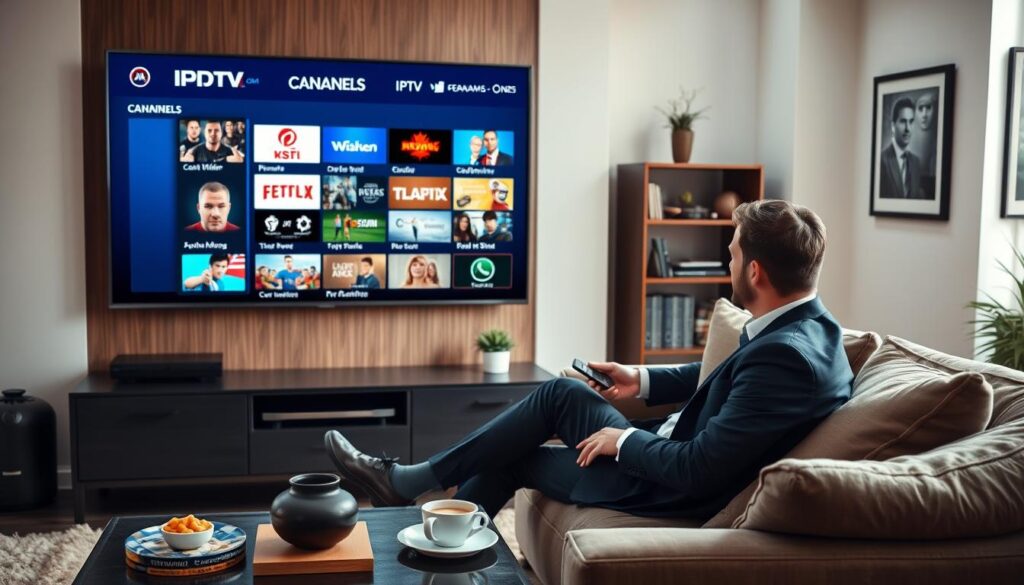 A modern living room featuring a sleek smart TV displaying the interface of "iptvmaxcanada.com", showcasing vibrant thumbnails of popular Canadian IPTV channels. In the foreground, a well-dressed individual in business attire is sitting comfortably on a stylish sofa, attentively browsing the channels using a remote control. The middle ground highlights a coffee table with snacks, a steaming cup of coffee, and subtle decor elements like a potted plant and artwork on the walls. The background is softly lit with natural light streaming in through a window, creating a warm and inviting atmosphere. The overall mood conveys comfort and sophistication, emphasizing a premium IPTV viewing experience in Canada.