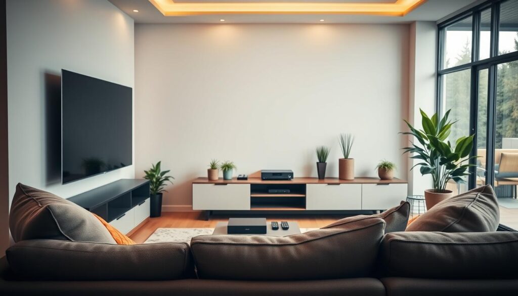 A modern living room featuring an IPTV home entertainment setup, clearly showcasing a large, sleek flat-screen TV mounted on the wall. The foreground displays a cozy, stylish couch with soft throw pillows and a small coffee table. The middle ground reveals a contemporary media console with devices such as a streaming box, remote controls, and decorative plants. The background is softly lit with natural light streaming through large windows, creating a warm atmosphere. Warm color tones dominate, giving a welcoming vibe. The scene includes a subtle logo of "iptvmaxcanada.com" on the media console, enhancing the focus on IPTV technology. Capture this from a slight angle to emphasize depth and ambiance.