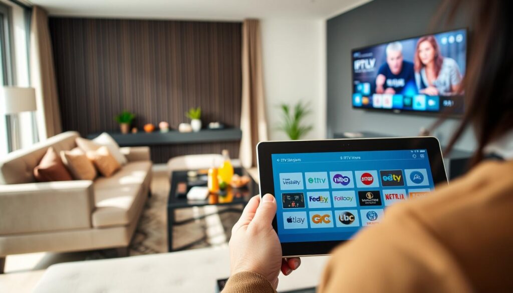 A modern living room scene featuring a person managing their IPTV CA subscription on a sleek tablet, dressed in smart casual attire. In the foreground, the tablet screen showcases various IPTV service options, with a user-friendly interface and logos of popular streaming services. The middle ground includes a comfortable sofa with stylish cushions and a coffee table adorned with a remote control, snacks, and drinks. In the background, a wall-mounted TV displays vibrant content, suggesting a cozy, engaging atmosphere. Natural light filters through a large window, casting a warm glow in the room. The overall mood is relaxed and inviting, emphasizing the ease and convenience of managing IPTV subscriptions, with subtle branding for "iptvmaxcanada.com" integrated into the tablet interface, ensuring a professional tone throughout the image.