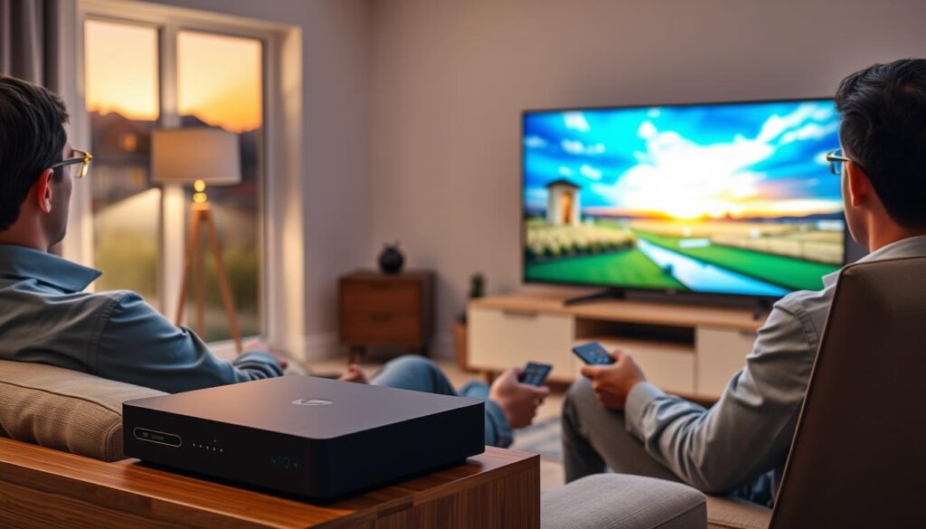 A modern living room scene featuring a sleek IPTV box prominently displayed on a stylish entertainment unit. In the foreground, a user is seated comfortably on a plush couch, wearing smart casual attire, using a remote control to navigate. The middle ground shows the IPTV box connected to a high-definition television displaying vibrant streaming content. A visible VPN interface on a laptop is nearby, illustrating enhanced security. In the background, soft ambient lighting from a lamp creates a warm atmosphere, while a window reveals a sunset over a peaceful neighborhood. The overall mood reflects relaxation and modernity, emphasizing the benefits of using a VPN with IPTV. Include the brand name "iptvmaxcanada.com" in a subtle manner within the scene.