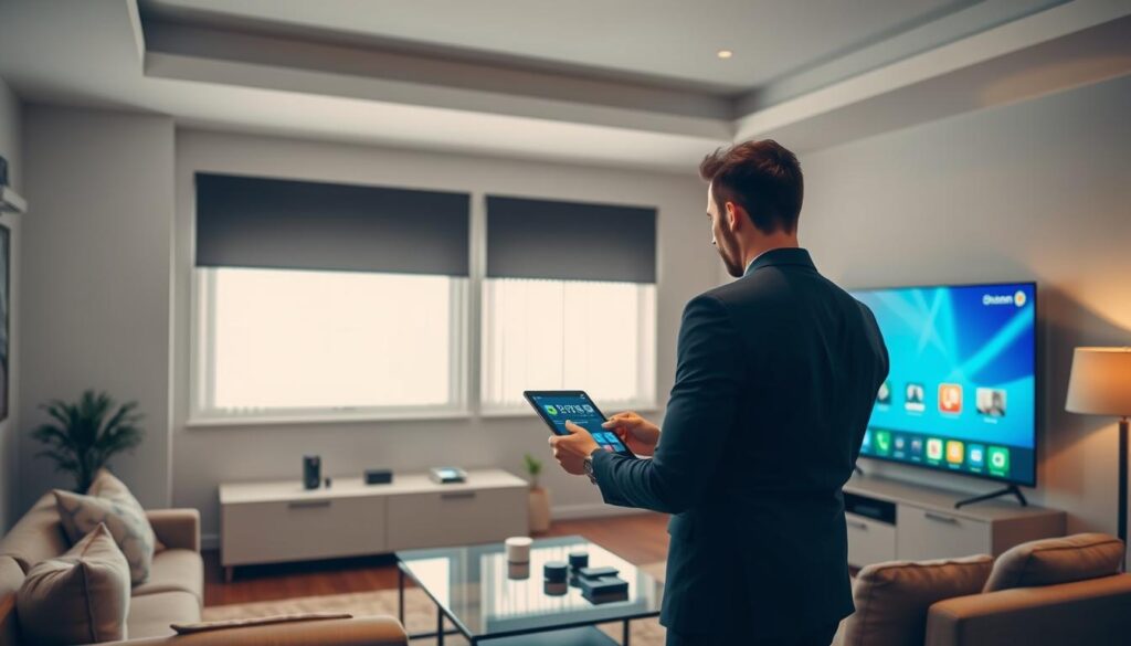 A modern living room scene featuring a sleek smart TV displaying the Dream IPTV interface in a clear, vibrant manner. In the foreground, a user, dressed in smart casual attire, is focused on setting up the IPTV service on a tablet, with a remote control nearby. The middle ground includes a stylish sofa and coffee table, subtly decorated with a few tech gadgets. In the background, a bright window allows natural light to flood the room, creating a cozy atmosphere. The scene conveys a sense of ease and excitement as the user engages with the technology. The overall color palette is warm and inviting, emphasizing comfort and modernity. Include a subtle representation of the brand "iptvmaxcanada.com" on the TV screen without visible text overlay or branding. A modern living room scene featuring a sleek smart TV displaying the Dream IPTV interface in a clear, vibrant manner. In the foreground, a user, dressed in smart casual attire, is focused on setting up the IPTV service on a tablet, with a remote control nearby. The middle ground includes a stylish sofa and coffee table, subtly decorated with a few tech gadgets. In the background, a bright window allows natural light to flood the room, creating a cozy atmosphere. The scene conveys a sense of ease and excitement as the user engages with the technology. The overall color palette is warm and inviting, emphasizing comfort and modernity. Include a subtle representation of the brand "iptvmaxcanada.com" on the TV screen without visible text overlay or branding.