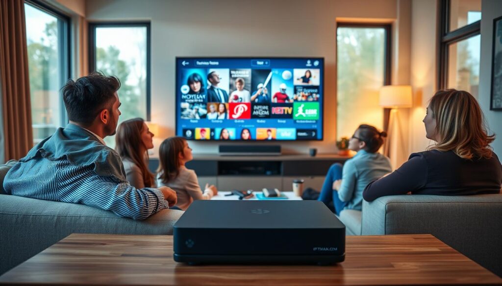 A modern living room scene showcasing a family enjoying IPTV service in Canada. In the foreground, a cozy couch with a diverse family of four—two adults in professional business attire and two children in casual clothing—are engaged in watching a vibrant screen displaying dynamic IPTV features like on-demand movies and live sports. The middle layer features a sleek, modern entertainment unit with an IPTV set-top box prominently branded "iptvmaxcanada.com." In the background, large windows allow warm, inviting natural light to fill the room, creating a relaxed and friendly atmosphere. The overall composition emphasizes connectivity and enjoyment, with a focus on the innovative aspects of IPTV. Use soft lighting for a warm ambiance, and a slightly elevated angle to capture the family's expressions.