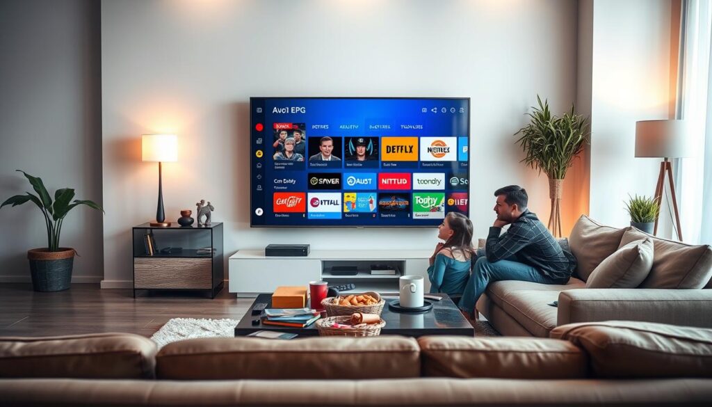 A modern living room scene showcasing a sleek smart TV displaying an Electronic Program Guide (EPG) interface, featuring a user-friendly layout with visually appealing channel icons and program details. In the foreground, a family sits comfortably on a stylish couch, dressed in casual yet smart clothing, mesmerized by the content on the screen. In the middle ground, a coffee table is cluttered with snacks and remote controls, illustrating a relaxed viewing atmosphere. The background features a cozy ambiance with warm lighting, decorative plants, and a soft rug. Subtle reflections on the TV screen capture the vibrant colors of the EPG interface, highlighting IPTV catch-up TV features. The overall mood is inviting, showcasing how easy and enjoyable using iptvmaxcanada.com can be for family entertainment. A modern living room scene showcasing a sleek smart TV displaying an Electronic Program Guide (EPG) interface, featuring a user-friendly layout with visually appealing channel icons and program details. In the foreground, a family sits comfortably on a stylish couch, dressed in casual yet smart clothing, mesmerized by the content on the screen. In the middle ground, a coffee table is cluttered with snacks and remote controls, illustrating a relaxed viewing atmosphere. The background features a cozy ambiance with warm lighting, decorative plants, and a soft rug. Subtle reflections on the TV screen capture the vibrant colors of the EPG interface, highlighting IPTV catch-up TV features. The overall mood is inviting, showcasing how easy and enjoyable using iptvmaxcanada.com can be for family entertainment.