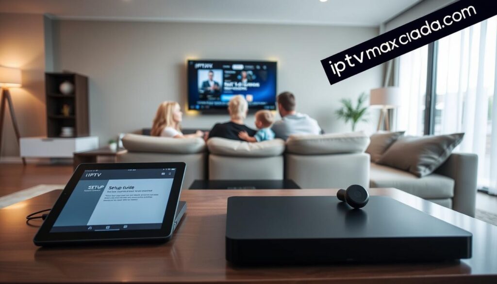 A modern living room scene showcasing the IPTV setup process. In the foreground, a sleek, well-organized coffee table displays smart devices: a tablet, a streaming box, and a remote control, with a clear user interface visible on the tablet. In the middle ground, a family is sitting on a comfortable sofa, dressed in casual, modest clothing, intently looking at the screen where a setup guide is displayed. The background features a modern TV wall mounted with ambient lighting, creating a warm and inviting mood. Soft daylight filters through large windows, enhancing the welcoming atmosphere. A small banner in the corner subtly reads “iptvmaxcanada.com” to indicate the service being used.