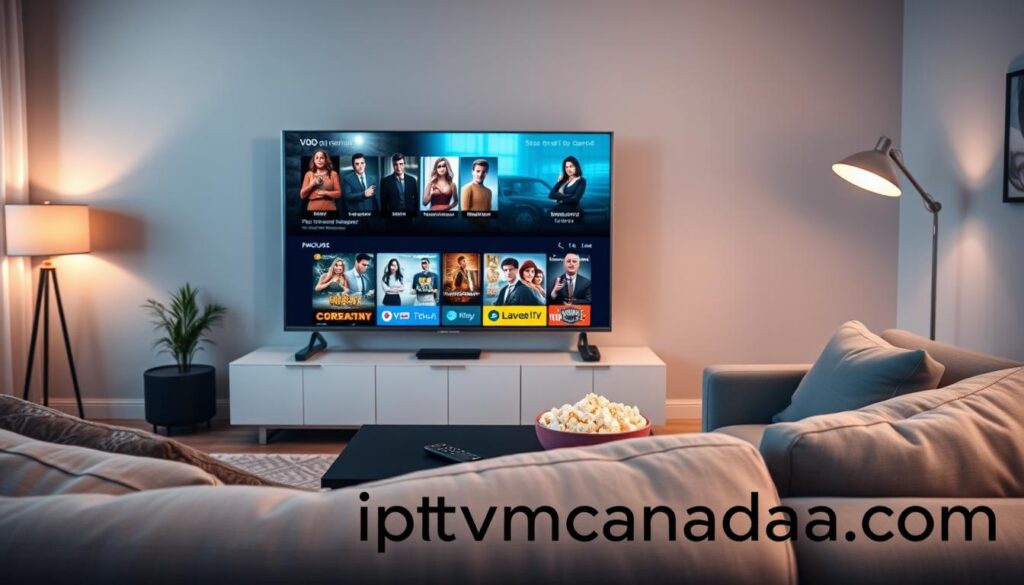A modern living room scene showcasing the features of Dream IPTV in Canada, focusing on Video on Demand (VOD), EPG integration, and catch-up functionalities. In the foreground, a sleek smart TV displays a user-friendly interface highlighting various movie and show thumbnails. A cozy couch with subtle decorative cushions is positioned in front of the TV. In the middle ground, a coffee table holds a remote control and a bowl of popcorn, creating a relaxed viewing atmosphere. The background shows soft ambient lighting, enhancing the cozy mood with warm tones, and a stylish lamp casts a gentle glow. Capture a dynamic angle that emphasizes both the TV and the inviting space, reflecting a seamless streaming experience. Include the brand name "iptvmaxcanada.com" subtly integrated into the scene. A modern living room scene showcasing the features of Dream IPTV in Canada, focusing on Video on Demand (VOD), EPG integration, and catch-up functionalities. In the foreground, a sleek smart TV displays a user-friendly interface highlighting various movie and show thumbnails. A cozy couch with subtle decorative cushions is positioned in front of the TV. In the middle ground, a coffee table holds a remote control and a bowl of popcorn, creating a relaxed viewing atmosphere. The background shows soft ambient lighting, enhancing the cozy mood with warm tones, and a stylish lamp casts a gentle glow. Capture a dynamic angle that emphasizes both the TV and the inviting space, reflecting a seamless streaming experience. Include the brand name "iptvmaxcanada.com" subtly integrated into the scene.