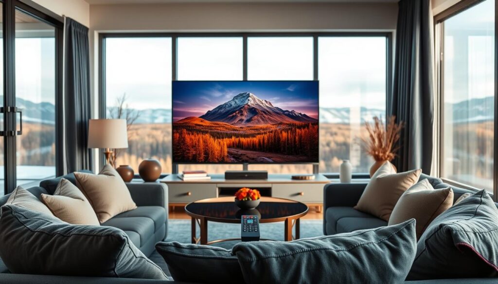 A modern living room scene showcasing the key features of 4K live IPTV for Canadian users. In the foreground, a sleek smart TV displays vivid, high-resolution streaming content from "iptvmaxcanada.com." Surrounding the TV, a cozy couch filled with soft throw pillows invites relaxation. In the middle, an elegant coffee table holds a remote control, emphasizing user-friendly navigation. Behind the TV, large windows bathe the space in soft natural light, creating a warm and inviting atmosphere. The overall mood is contemporary and sophisticated, with a color palette of deep blues and warm earthy tones. A subtle out-of-focus background hinting at Canadian landscapes can be seen through the windows, adding context to the setting. A modern living room scene showcasing the key features of 4K live IPTV for Canadian users. In the foreground, a sleek smart TV displays vivid, high-resolution streaming content from "iptvmaxcanada.com." Surrounding the TV, a cozy couch filled with soft throw pillows invites relaxation. In the middle, an elegant coffee table holds a remote control, emphasizing user-friendly navigation. Behind the TV, large windows bathe the space in soft natural light, creating a warm and inviting atmosphere. The overall mood is contemporary and sophisticated, with a color palette of deep blues and warm earthy tones. A subtle out-of-focus background hinting at Canadian landscapes can be seen through the windows, adding context to the setting.