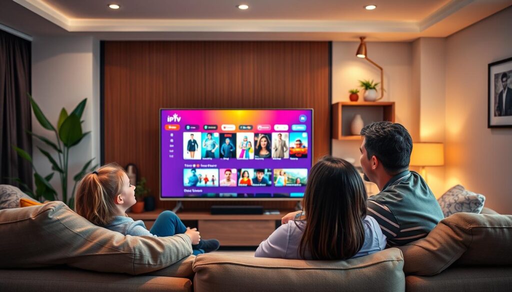 A modern living room scene showing a family enjoying IPTV streaming on a sleek smart TV. In the foreground, a diverse family of four, dressed in smart casual attire, are gathered on a comfortable couch, smiling and engaging with the screen displaying a colorful IPTV interface. In the middle, the TV showcases a vibrant array of channels and movies, hinting at the extensive options available through a service like iptvmaxcanada.com. The background features a well-lit room with contemporary decor, including plants and wall art, creating a cozy yet tech-savvy atmosphere. Soft, warm lighting enhances a friendly vibe, and a wide-angle perspective captures the family’s joyful interaction with technology, emphasizing the future of Canadian TV streaming. A modern living room scene showing a family enjoying IPTV streaming on a sleek smart TV. In the foreground, a diverse family of four, dressed in smart casual attire, are gathered on a comfortable couch, smiling and engaging with the screen displaying a colorful IPTV interface. In the middle, the TV showcases a vibrant array of channels and movies, hinting at the extensive options available through a service like iptvmaxcanada.com. The background features a well-lit room with contemporary decor, including plants and wall art, creating a cozy yet tech-savvy atmosphere. Soft, warm lighting enhances a friendly vibe, and a wide-angle perspective captures the family’s joyful interaction with technology, emphasizing the future of Canadian TV streaming.