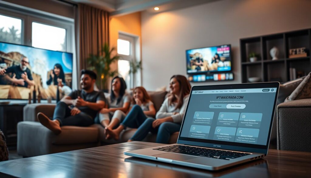 A modern living room setting showcasing a family engaged in watching IPTV content on a large flat-screen TV. In the foreground, a diverse group of two adults and two children, all dressed in casual, comfortable clothing, are sitting on a plush sofa, smiles on their faces, immersed in the experience. The middle ground features a coffee table with a laptop displaying the "iptvmaxcanada.com" website, highlighting subscription options and payment flexibility. Soft, warm lighting creates a cozy atmosphere, with large windows in the background allowing natural light to stream in, highlighting decorative plants and a bookshelf. The overall mood is inviting and family-oriented, emphasizing the ease and flexibility of IPTV Mississauga’s offerings.