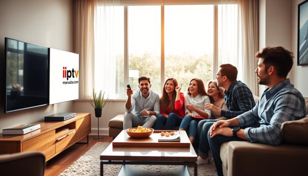 A modern living room setting showcasing a sleek TV displaying the iptvmaxcanada.com logo, seamlessly incorporated into the surround. In the foreground, a diverse family of four, dressed in professional casual attire, excitedly engages with their IPTV service, using a remote control. The middle ground features a stylish coffee table with snacks, emphasizing a cozy family movie night. A large window in the background allows natural light to flood the room, creating a bright and inviting atmosphere. Warm tones enhance the feeling of comfort and connectivity. The scene captures the essence of family entertainment and the choice of a reliable IPTV provider, illustrating the criteria for selecting the best service in Canada.