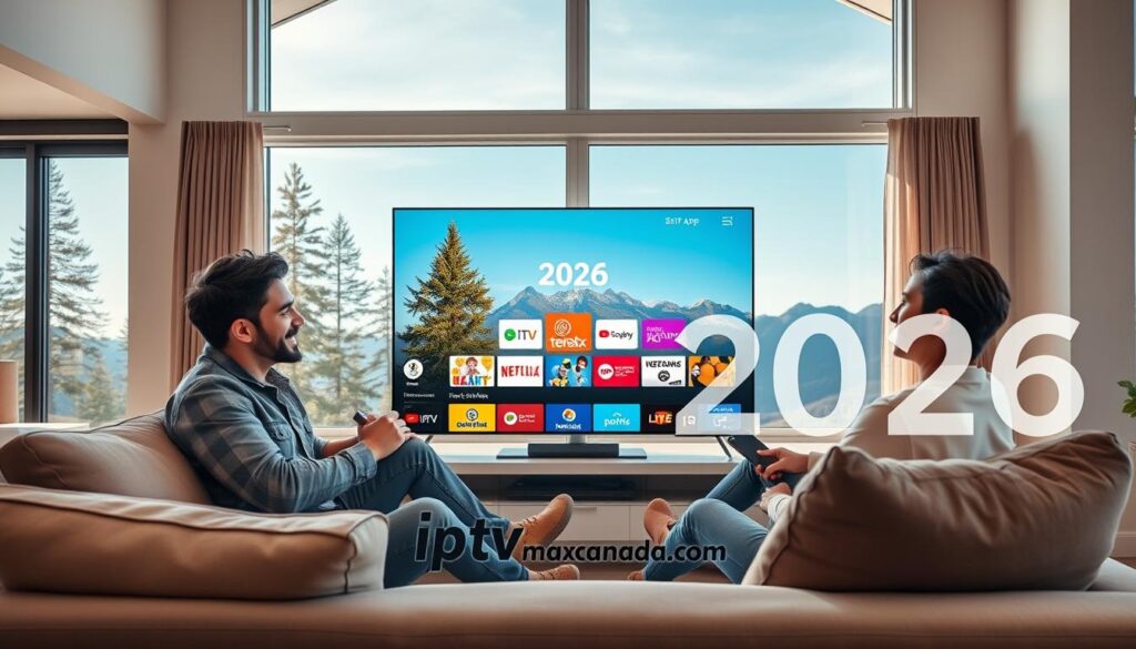 A modern living room setting showcasing an IPTV app interface on a sleek smart TV, emphasizing the year 2026. In the foreground, a young Canadian couple in casual yet stylish clothing sits comfortably on a contemporary sofa, holding a remote, with expressions of joy as they explore content. In the middle, the smart TV displays a vibrant and user-friendly IPTV app interface featuring channels and features tailored to Canadian audiences. The background features large windows revealing a beautiful Canadian landscape with pine trees and mountains under a bright blue sky. Soft, natural lighting filters in, creating a warm and inviting atmosphere. The branding "iptvmaxcanada.com" subtly integrated into the interface design. The overall mood is one of excitement and accessibility, highlighting the importance of choosing the right IPTV app for Canadians. A modern living room setting showcasing an IPTV app interface on a sleek smart TV, emphasizing the year 2026. In the foreground, a young Canadian couple in casual yet stylish clothing sits comfortably on a contemporary sofa, holding a remote, with expressions of joy as they explore content. In the middle, the smart TV displays a vibrant and user-friendly IPTV app interface featuring channels and features tailored to Canadian audiences. The background features large windows revealing a beautiful Canadian landscape with pine trees and mountains under a bright blue sky. Soft, natural lighting filters in, creating a warm and inviting atmosphere. The branding "iptvmaxcanada.com" subtly integrated into the interface design. The overall mood is one of excitement and accessibility, highlighting the importance of choosing the right IPTV app for Canadians.