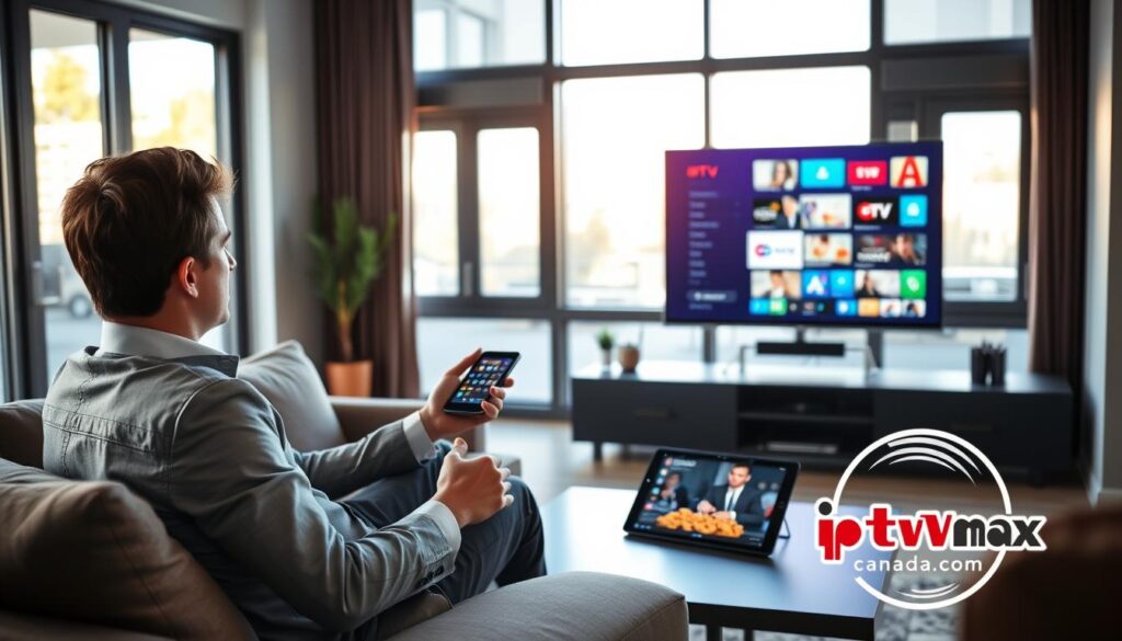 A modern living room setting, where a professional individual, dressed in smart casual attire, enjoys a seamless IPTV experience on a large, high-definition smart TV. In the foreground, the user is comfortably seated with a remote in hand, displaying a vibrant streaming interface showcasing various channels. The middle ground features a stylish coffee table with snacks and a tablet connected to the home network, symbolizing connectivity. In the background, large windows allow natural light to filter in, creating a warm, inviting atmosphere. Soft shadows and a slight depth of field emphasize the clarity of the streaming content. Incorporate elements like a router and a digital display of the "iptvmaxcanada.com" logo subtly in the scene, reinforcing the idea of an optimized IPTV experience for buffer-free streaming. A modern living room setting, where a professional individual, dressed in smart casual attire, enjoys a seamless IPTV experience on a large, high-definition smart TV. In the foreground, the user is comfortably seated with a remote in hand, displaying a vibrant streaming interface showcasing various channels. The middle ground features a stylish coffee table with snacks and a tablet connected to the home network, symbolizing connectivity. In the background, large windows allow natural light to filter in, creating a warm, inviting atmosphere. Soft shadows and a slight depth of field emphasize the clarity of the streaming content. Incorporate elements like a router and a digital display of the "iptvmaxcanada.com" logo subtly in the scene, reinforcing the idea of an optimized IPTV experience for buffer-free streaming.