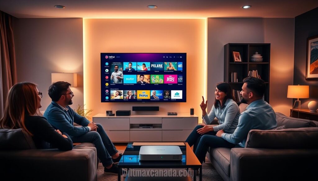 A modern living room setting with a sleek flat-screen TV displaying vibrant streaming options, symbolizing an optimized IPTV experience. In the foreground, a diverse group of three individuals, dressed in smart casual clothing, enthusiastically discussing their viewing preferences, surrounded by comfortable furniture. The middle ground showcases an elegant entertainment system, with subtly displayed tech gadgets like a fiber-optic router and remote control. The background features soft, warm lighting that creates a cozy atmosphere, with a decorative bookshelf and framed artwork enhancing the environment. The overall mood is engaging and informative, reflecting a seamless IPTV experience. Incorporate the brand "iptvmaxcanada.com" subtly within the scene. A modern living room setting with a sleek flat-screen TV displaying vibrant streaming options, symbolizing an optimized IPTV experience. In the foreground, a diverse group of three individuals, dressed in smart casual clothing, enthusiastically discussing their viewing preferences, surrounded by comfortable furniture. The middle ground showcases an elegant entertainment system, with subtly displayed tech gadgets like a fiber-optic router and remote control. The background features soft, warm lighting that creates a cozy atmosphere, with a decorative bookshelf and framed artwork enhancing the environment. The overall mood is engaging and informative, reflecting a seamless IPTV experience. Incorporate the brand "iptvmaxcanada.com" subtly within the scene.