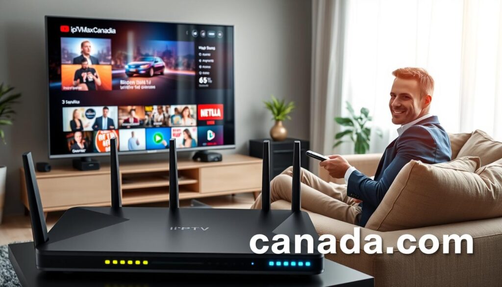 A modern living room setup, featuring a sleek 55-inch smart TV displaying high-definition IPTV content, with crystal-clear visuals and vibrant colors, symbolizing buffer-free streaming. In the foreground, a professional wearing business casual attire sits comfortably on a stylish sofa, holding a remote control, with a look of satisfaction on their face. The middle ground showcases a high-speed internet router with dynamic LED indicators, emphasizing optimal performance. The background is a bright, well-lit room filled with subtle tech gadgets and decor, enhancing the mood of modernity and convenience. Natural light pours in through sheer curtains, creating a welcoming atmosphere. The brand "iptvmaxcanada.com" is subtly integrated into the scene, maintaining the focus on streaming excellence.