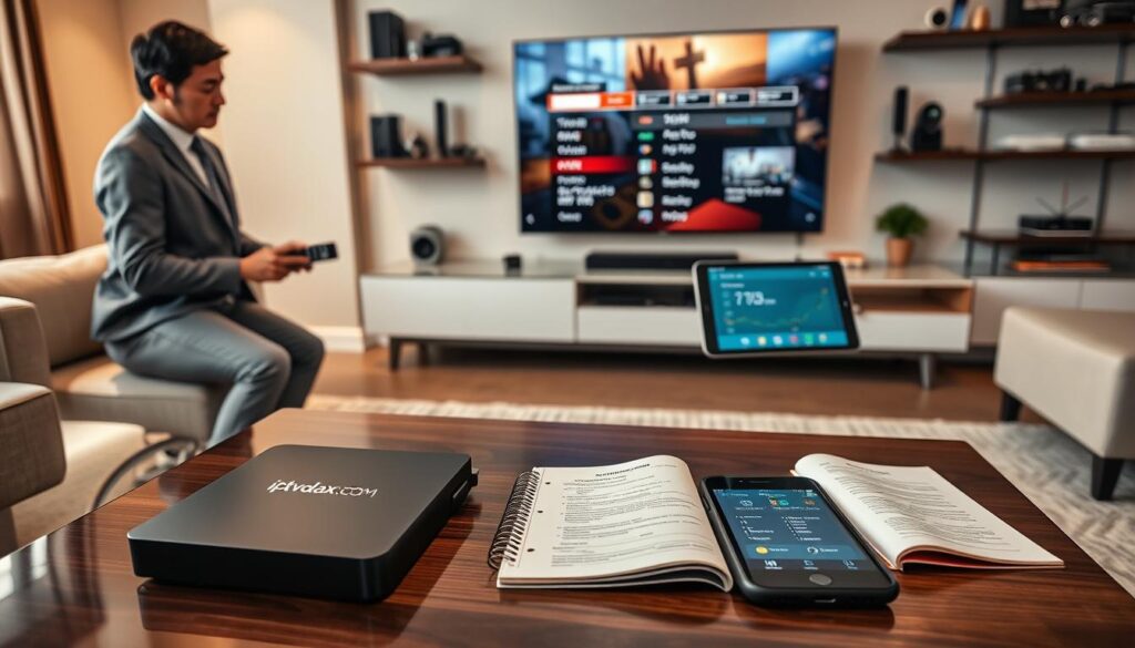 A modern living room setup featuring a sleek Android TV box connected to a large, high-definition television. In the foreground, a professional-looking person in business casual attire is engaged in troubleshooting IPTV streaming issues, interacting with a remote control and a tablet displaying network diagnostics. The middle ground showcases a stylish coffee table adorned with a notepad filled with notes, alongside open tech manuals and a smartphone showing a troubleshooting app interface. The background includes a cozy couch and wall-mounted shelves filled with tech gadgets. Soft, warm lighting creates an inviting atmosphere. The image subtly incorporates the brand "iptvmaxcanada.com" on the tablet's screen, emphasizing reliable IPTV streaming solutions.