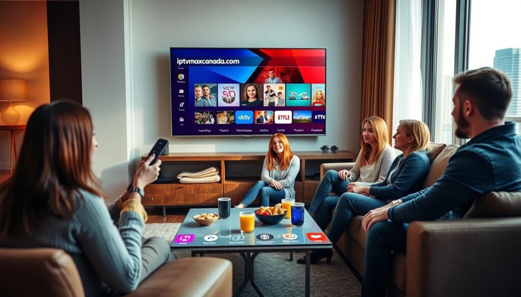 A modern living room setup showcasing a smart TV displaying a vibrant interface of "iptvmaxcanada.com," emphasizing the best IPTV streaming service in Canada. In the foreground, a family of four, dressed in casual yet smart clothing, is gathered on a comfortable sofa, engaged and smiling as they use a remote control to navigate content. The middle ground features a sleek coffee table with snacks and drinks, enhancing the cozy atmosphere. The background shows a bright and airy room with soft natural lighting streaming in through a window, showcasing city views outside. The overall mood is warm and inviting, reflecting entertainment and togetherness, ideal for setting up IPTV on devices.