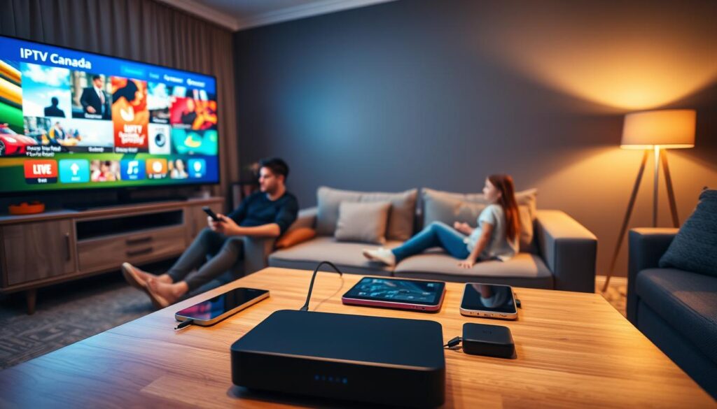 A modern living room showcasing a family using IPTV services in Canada, focusing on a large smart TV displaying vibrant content from iptvmaxcanada.com. In the foreground, a father and daughter sit together on a comfortable couch, both dressed in casual yet stylish clothing, engaging with a remote control. In the middle ground, a well-organized coffee table features a sleek streaming device and various compatible gadgets like tablets and smartphones, emphasizing device compatibility. The background is illuminated by warm, soft lighting from a nearby lamp, adding a cozy ambiance. The overall mood is relaxed and inviting, reflecting the simplicity of setup and enjoyment of IPTV services in a contemporary Canadian home.