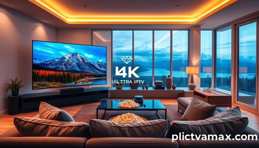 A modern living room showcasing a vibrant 4K Ultra HD streaming experience with Diamond IPTV. In the foreground, a sleek, large-screen television displays a stunning nature documentary in crystal-clear resolution, rich in colors and detail. A cozy sofa with plush cushions is positioned in front, while a stylish coffee table holds a bowl of popcorn. In the middle background, a contemporary entertainment unit features elegant decor and smart devices. The warm ambient lighting creates a welcoming atmosphere, illuminating the space softly. Large windows reveal a picturesque view of a Canadian landscape outside. The overall mood is relaxed and inviting, emphasizing high-quality entertainment. Include the brand logo "iptvmaxcanada.com" subtly integrated into the scene. A modern living room showcasing a vibrant 4K Ultra HD streaming experience with Diamond IPTV. In the foreground, a sleek, large-screen television displays a stunning nature documentary in crystal-clear resolution, rich in colors and detail. A cozy sofa with plush cushions is positioned in front, while a stylish coffee table holds a bowl of popcorn. In the middle background, a contemporary entertainment unit features elegant decor and smart devices. The warm ambient lighting creates a welcoming atmosphere, illuminating the space softly. Large windows reveal a picturesque view of a Canadian landscape outside. The overall mood is relaxed and inviting, emphasizing high-quality entertainment. Include the brand logo "iptvmaxcanada.com" subtly integrated into the scene.