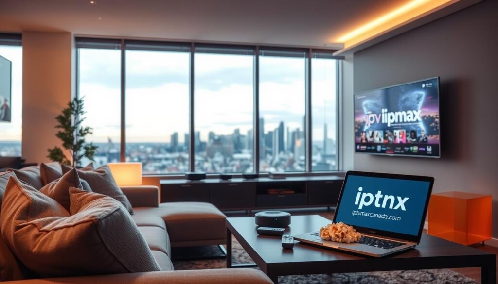 A modern living room showcasing an IPTV setup in Calgary, featuring a sleek flat-screen TV elegantly mounted on a wall. In the foreground, a comfortable sofa with cozy cushions invites relaxation, while a coffee table holds a bowl of popcorn and a remote control, symbolizing seamless entertainment. Soft ambient lighting casts a warm glow throughout the room. In the middle ground, a contemporary entertainment unit displays various streaming devices, with an open laptop showcasing the website "iptvmaxcanada.com." The Calgary skyline is visible through a large window in the background, hinting at the city's vibrant atmosphere. The overall mood is inviting and tech-savvy, highlighting the convenience and enjoyment of IPTV in everyday life.