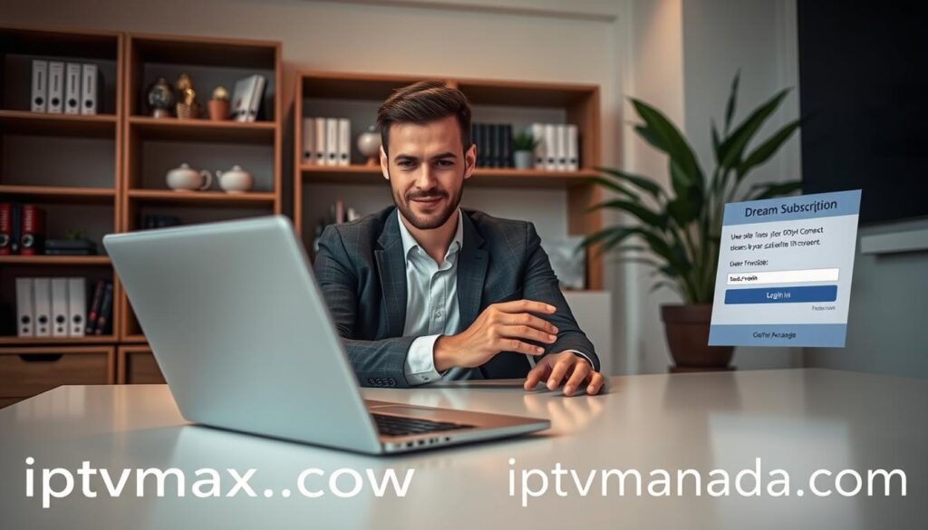 A modern office setting showcasing a person seated at a sleek desk, managing their Dream IPTV subscription on a laptop. The foreground features a close-up of the laptop screen displaying a user-friendly interface with subscription details and login options. The middle ground includes a focused individual, dressed in smart casual attire, intently reviewing their account information, with an expression of satisfaction. The background consists of soft, ambient lighting, with bookshelves filled with tech guides and a stylish plant for a touch of nature. The overall mood is professional and organized, evoking a sense of ease and confidence in managing IPTV services. In the bottom corner, the website "iptvmaxcanada.com" can subtly appear as part of the background elements, maintaining a cohesive theme. A modern office setting showcasing a person seated at a sleek desk, managing their Dream IPTV subscription on a laptop. The foreground features a close-up of the laptop screen displaying a user-friendly interface with subscription details and login options. The middle ground includes a focused individual, dressed in smart casual attire, intently reviewing their account information, with an expression of satisfaction. The background consists of soft, ambient lighting, with bookshelves filled with tech guides and a stylish plant for a touch of nature. The overall mood is professional and organized, evoking a sense of ease and confidence in managing IPTV services. In the bottom corner, the website "iptvmaxcanada.com" can subtly appear as part of the background elements, maintaining a cohesive theme.