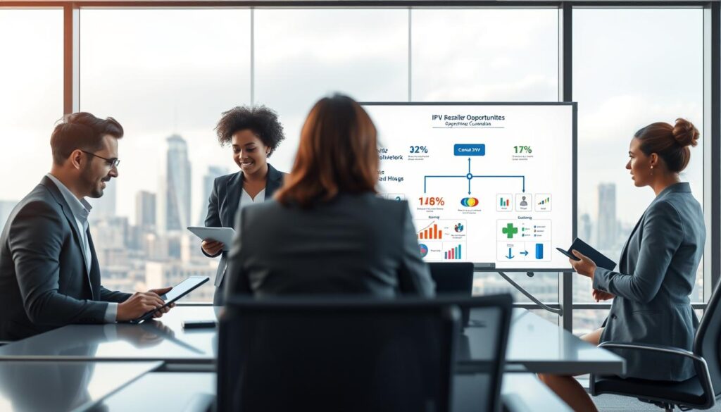 A modern, professional office setting showcasing opportunities in the IPTV market in Canada. In the foreground, a diverse group of three individuals, one man and two women, are engaged in discussion around a sleek conference table, all dressed in business attire. They appear focused and animated, with digital devices like tablets and laptops displaying IPTV statistics and marketing strategies. In the middle ground, a stylish whiteboard illustrates a flowchart of IPTV reseller opportunities, with colorful graphs and icons. The background features large windows revealing a panoramic view of a Canadian city skyline under soft, natural lighting. The overall atmosphere is dynamic and collaborative, representing growth and innovation in the IPTV industry. Include the brand name "iptvmaxcanada.com" subtly in the decor. A modern, professional office setting showcasing opportunities in the IPTV market in Canada. In the foreground, a diverse group of three individuals, one man and two women, are engaged in discussion around a sleek conference table, all dressed in business attire. They appear focused and animated, with digital devices like tablets and laptops displaying IPTV statistics and marketing strategies. In the middle ground, a stylish whiteboard illustrates a flowchart of IPTV reseller opportunities, with colorful graphs and icons. The background features large windows revealing a panoramic view of a Canadian city skyline under soft, natural lighting. The overall atmosphere is dynamic and collaborative, representing growth and innovation in the IPTV industry. Include the brand name "iptvmaxcanada.com" subtly in the decor.