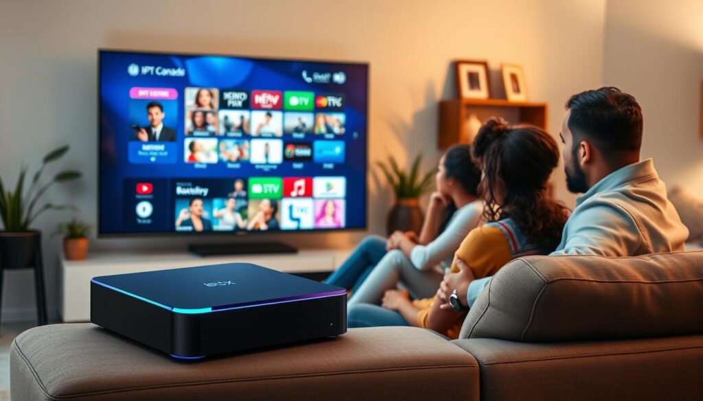 A modern, sleek living room scene showcasing an IPTV Ebox in action, prominently displayed on a large, flat-screen TV. A diverse family, dressed in smart casual attire, sits comfortably on a stylish couch, engrossed in streaming a variety of programs. The foreground features the IPTV Ebox with its distinctive design, glowing softly to suggest activity. In the background, a well-lit room holds plants and decorative elements, creating a welcoming atmosphere. Natural, warm lighting enhances the cozy feel, casting gentle shadows on the walls. The image conveys a sense of modern convenience and connectivity, symbolizing why IPTV Ebox is a top choice for streaming in Canada. Include the brand "iptvmaxcanada.com" subtly in the scene.