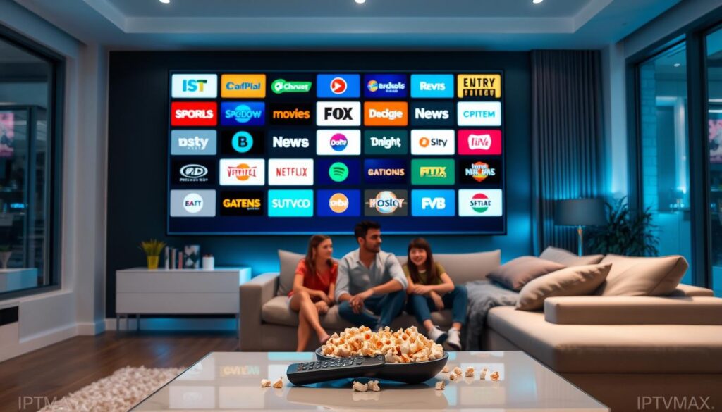 A modern, sleek living room setting showcases a high-definition television displaying a vibrant collage of various IPTV channel logos, representing diverse genres like sports, movies, news, and children’s programming. In the foreground, a stylish coffee table adorned with a remote control and a bowl of popcorn adds a cozy touch. In the middle, a family is gathered on a comfortable couch, dressed in casual clothing, their expressions reflecting enjoyment as they watch together. In the background, soft ambient lighting creates a welcoming atmosphere, with large windows letting in natural light. The overall mood is one of comfort and togetherness, highlighting the joy of streaming channels from the service "iptvmaxcanada.com". The scene is captured from a slightly elevated angle to encompass the entire room ambiance. A modern, sleek living room setting showcases a high-definition television displaying a vibrant collage of various IPTV channel logos, representing diverse genres like sports, movies, news, and children’s programming. In the foreground, a stylish coffee table adorned with a remote control and a bowl of popcorn adds a cozy touch. In the middle, a family is gathered on a comfortable couch, dressed in casual clothing, their expressions reflecting enjoyment as they watch together. In the background, soft ambient lighting creates a welcoming atmosphere, with large windows letting in natural light. The overall mood is one of comfort and togetherness, highlighting the joy of streaming channels from the service "iptvmaxcanada.com". The scene is captured from a slightly elevated angle to encompass the entire room ambiance.