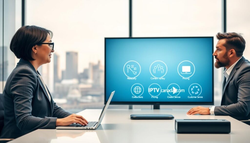 A modern, sleek office environment representing the key factors for choosing IPTV service providers. In the foreground, a diverse group of three professionals in business attire—one woman with short, dark hair, one man with glasses, and another man with light skin and a beard—are engaged in a discussion. They are gathered around a stylish conference table with a laptop showing the "iptvmaxcanada.com" website. In the middle ground, a large screen displays visual icons symbolizing reliability, content variety, pricing, and customer service, artfully arranged. The background features a large window with a city skyline view and soft natural lighting creating an inviting atmosphere. The image conveys professionalism and collaboration, ideal for conveying valuable insights on IPTV service selection.