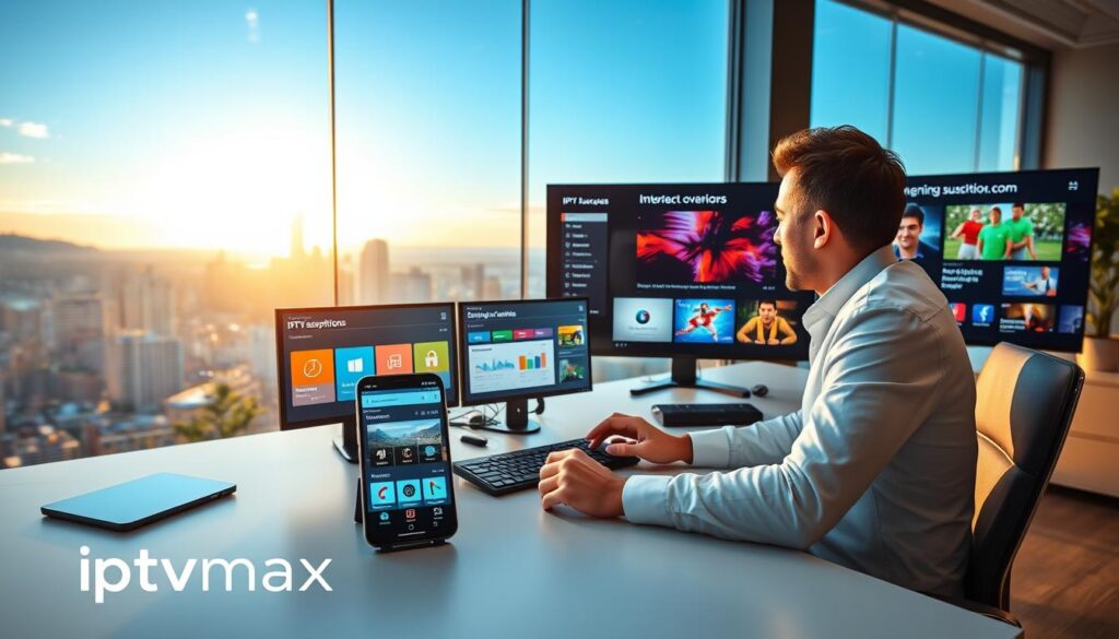 A modern, sleek workspace showcasing IPTV subscription management in Canada. In the foreground, a professional person, dressed in smart casual attire, sits at a stylish desk with multiple screens displaying vibrant IPTV interface options, a subscription overview, and demographic analytics. The middle of the scene features engaging visuals of a smartphone and tablet displaying IPTV application logs, emphasizing flexibility and control. In the background, a large window reveals a stunning cityscape of a Canadian city, bathed in warm afternoon light, creating a bright and optimistic atmosphere. The composition should use a slightly elevated angle to capture the dynamic layout, with soft shadows to enhance depth. The brand "iptvmaxcanada.com" subtly incorporated in the setting, without visible text elements, aligning with the theme of effective IPTV management.