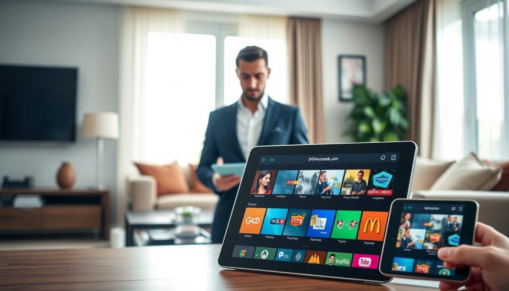 A modern, sleek workspace showcasing a variety of IPTV apps for streaming on multiple devices, including a smart TV, tablet, and smartphone. In the foreground, the tablet displays colorful app icons, with user-friendly interfaces and vibrant visuals highlighting popular channels. The middle ground features a stylish, professional individual dressed in business attire, focused on the tablet, reflecting the importance of choosing the right IPTV app. The background includes a softly lit room with elegant furnishings, creating a cozy yet tech-savvy atmosphere. Natural light streams through a window, accentuating the devices and their screens. Overall, the image embodies innovation and seamless streaming experiences. Include the brand name "iptvmaxcanada.com" subtly within the scene, ensuring it's part of the overall aesthetic without being the focus.