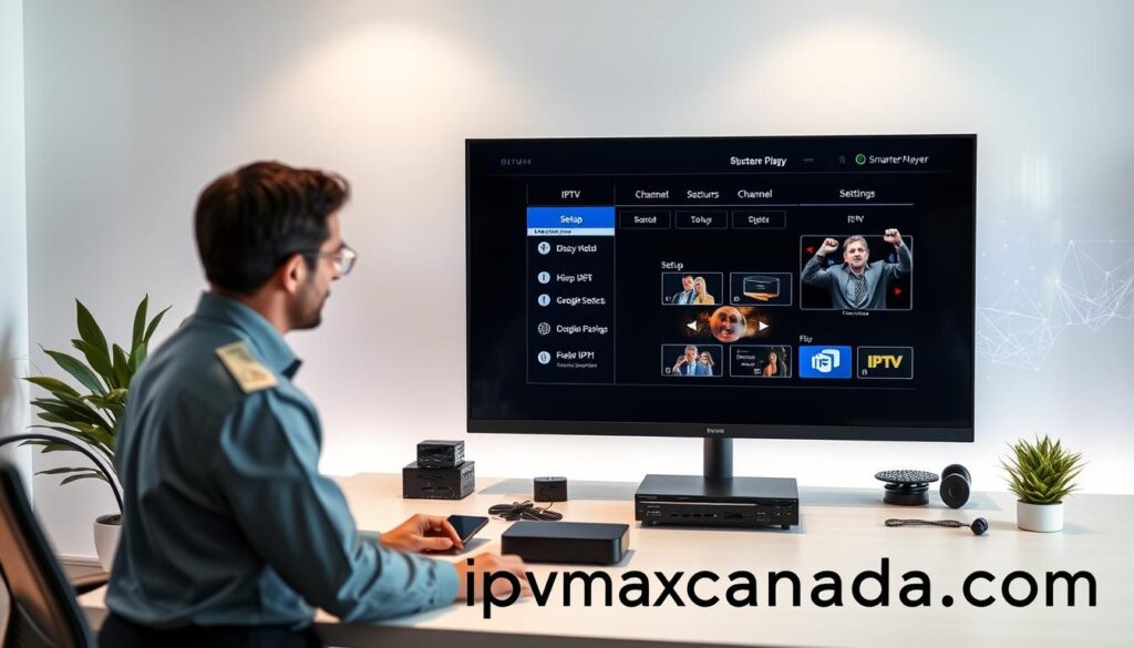 A modern, stylish workspace featuring a large computer monitor displaying the IPTV Smarter Player interface, showcasing setup options and customization features. In the foreground, a person in professional business attire is actively interacting with the interface, highlighting elements like channel selection and settings. The middle ground includes a sleek desk with IPTV-related devices and accessories, while the background contains abstract digital elements representing streaming technology, subtly infused with the colors of the IPTV logo. Soft, diffused lighting creates a focused yet inviting atmosphere, accentuating the tech-savvy mood. The environment appears clean and organized, with a hint of greenery in a potted plant to add warmth. The website "iptvmaxcanada.com" subtly integrated into the scene complements the tech theme without overpowering the main focus.