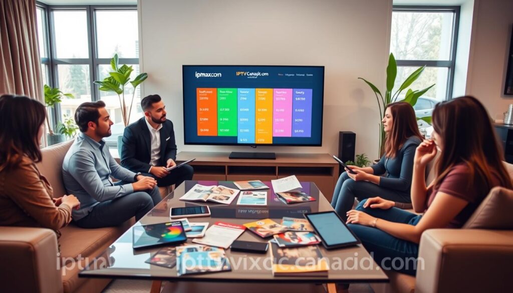 A modern, vibrant living room setting depicting a family discussing IPTV subscription plans and pricing in Canada. In the foreground, a diverse family of four, dressed in professional business attire, sits around a sleek coffee table cluttered with tablets and brochures displaying various IPTV plans. The middle layer reveals a large flat-screen TV showcasing a colorful infographic about IPTV pricing options. In the background, a well-lit room features stylish decor, with plants and natural light streaming through large windows. The atmosphere is engaging and informative, emphasizing technology and accessibility. The branding "iptvmaxcanada.com" subtly integrated into the scenario, reinforces the focus on IPTV services. The image should be warm and inviting, captured with soft natural lighting to evoke a sense of community and exploration. A modern, vibrant living room setting depicting a family discussing IPTV subscription plans and pricing in Canada. In the foreground, a diverse family of four, dressed in professional business attire, sits around a sleek coffee table cluttered with tablets and brochures displaying various IPTV plans. The middle layer reveals a large flat-screen TV showcasing a colorful infographic about IPTV pricing options. In the background, a well-lit room features stylish decor, with plants and natural light streaming through large windows. The atmosphere is engaging and informative, emphasizing technology and accessibility. The branding "iptvmaxcanada.com" subtly integrated into the scenario, reinforces the focus on IPTV services. The image should be warm and inviting, captured with soft natural lighting to evoke a sense of community and exploration.