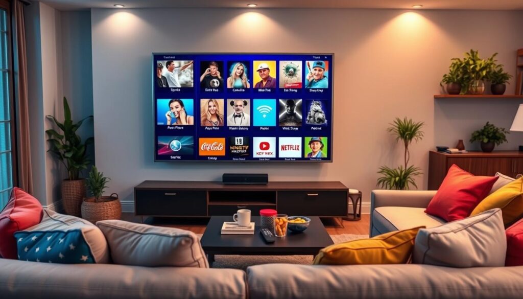 A modern, visually striking living room featuring a sleek TV displaying a vibrant interface of King IPTV channels and content library. In the foreground, a cozy sofa adorned with colorful cushions invites viewers in, while a stylish coffee table holds remote controls and snacks, enhancing a relaxed viewing atmosphere. The middle section showcases the TV screen filled with an array of channel icons representing sports, movies, and entertainment options, each icon brightly colored and easy to distinguish. The background is softly lit, with warm, inviting lighting creating a cozy ambiance, and hints of decorative elements like houseplants and bookshelves adding a personal touch. The overall mood is welcoming and vibrant, illustrating the convenience of having diverse content at one’s fingertips while integrating the brand “iptvmaxcanada.com”.