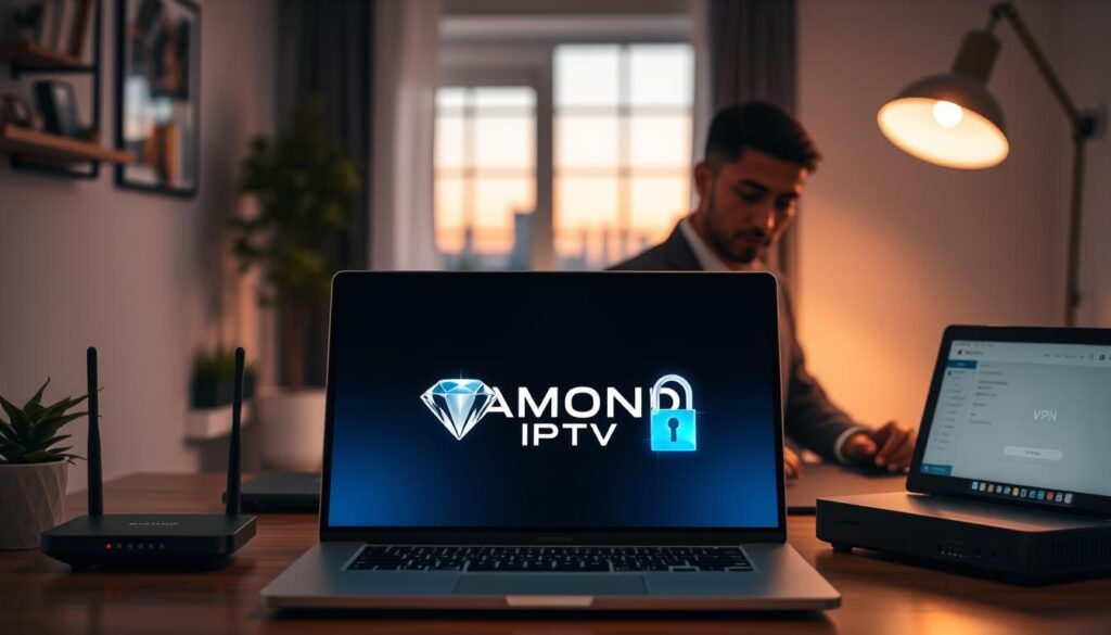 A modern workspace featuring a sleek laptop displaying the Diamond IPTV logo, with a digital padlock symbol representing security and VPN use. In the foreground, a person in professional business attire focused on the screen, surrounded by high-tech gadgets like a router and a VPN interface. The middle ground includes a softly lit home office with plants and a window showing a calm evening scene. The background reveals a subtle city skyline through the window, with a warm, inviting glow from a desk lamp, creating a secure and productive atmosphere. The overall mood is one of reliability and modernity, highlighting the importance of security in streaming. Include iptvmaxcanada.com subtly integrated into the laptop interface, ensuring it complements the scene without standing out. A modern workspace featuring a sleek laptop displaying the Diamond IPTV logo, with a digital padlock symbol representing security and VPN use. In the foreground, a person in professional business attire focused on the screen, surrounded by high-tech gadgets like a router and a VPN interface. The middle ground includes a softly lit home office with plants and a window showing a calm evening scene. The background reveals a subtle city skyline through the window, with a warm, inviting glow from a desk lamp, creating a secure and productive atmosphere. The overall mood is one of reliability and modernity, highlighting the importance of security in streaming. Include iptvmaxcanada.com subtly integrated into the laptop interface, ensuring it complements the scene without standing out.