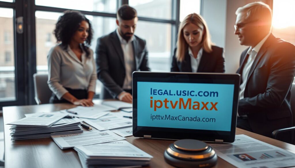 A professional and informative scene depicting the legal considerations for IPTV users in Canada. In the foreground, a diverse group of three individuals dressed in business attire, engaged in discussion over a laptop displaying the website "iptvmaxcanada.com." In the middle, a table cluttered with pamphlets and legal documents related to IPTV regulations. In the background, a modern office setting with large windows letting in soft, natural light, casting a warm glow. The atmosphere is serious yet collaborative, emphasizing the importance of understanding legal frameworks. The composition features a slight depth of field, focusing on the group while subtly blurring the background elements. The overall mood conveys professionalism and a commitment to compliance in the digital age. A professional and informative scene depicting the legal considerations for IPTV users in Canada. In the foreground, a diverse group of three individuals dressed in business attire, engaged in discussion over a laptop displaying the website "iptvmaxcanada.com." In the middle, a table cluttered with pamphlets and legal documents related to IPTV regulations. In the background, a modern office setting with large windows letting in soft, natural light, casting a warm glow. The atmosphere is serious yet collaborative, emphasizing the importance of understanding legal frameworks. The composition features a slight depth of field, focusing on the group while subtly blurring the background elements. The overall mood conveys professionalism and a commitment to compliance in the digital age.